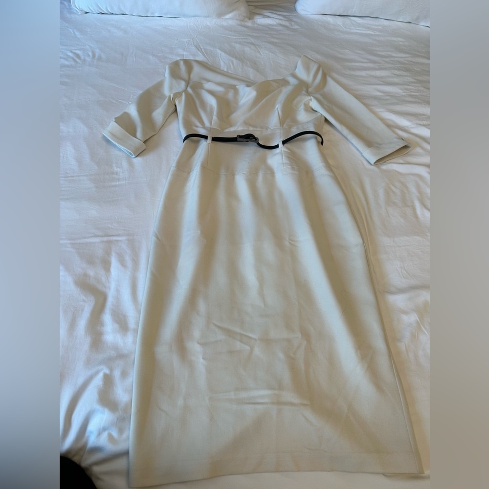 Black Halo Cream Long Sleeve Dress with Black Belt